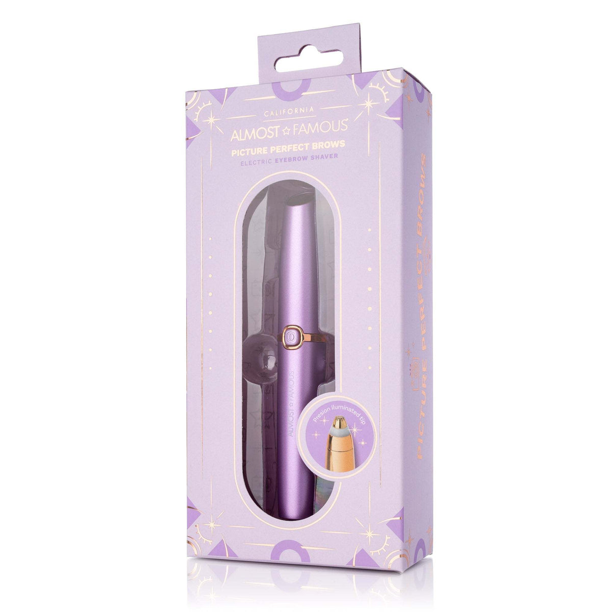 Almost Famous Hair Perfect Brows eyebrow trimmer with precision LED tip, showcasing sleek personal grooming accessory.