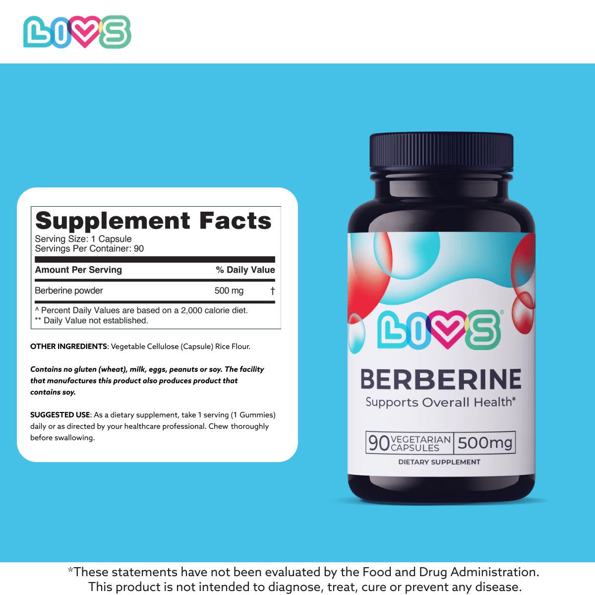 LIVS Berberine capsules in a bottle, dietary supplement for health support, with several capsules visible on a white background.