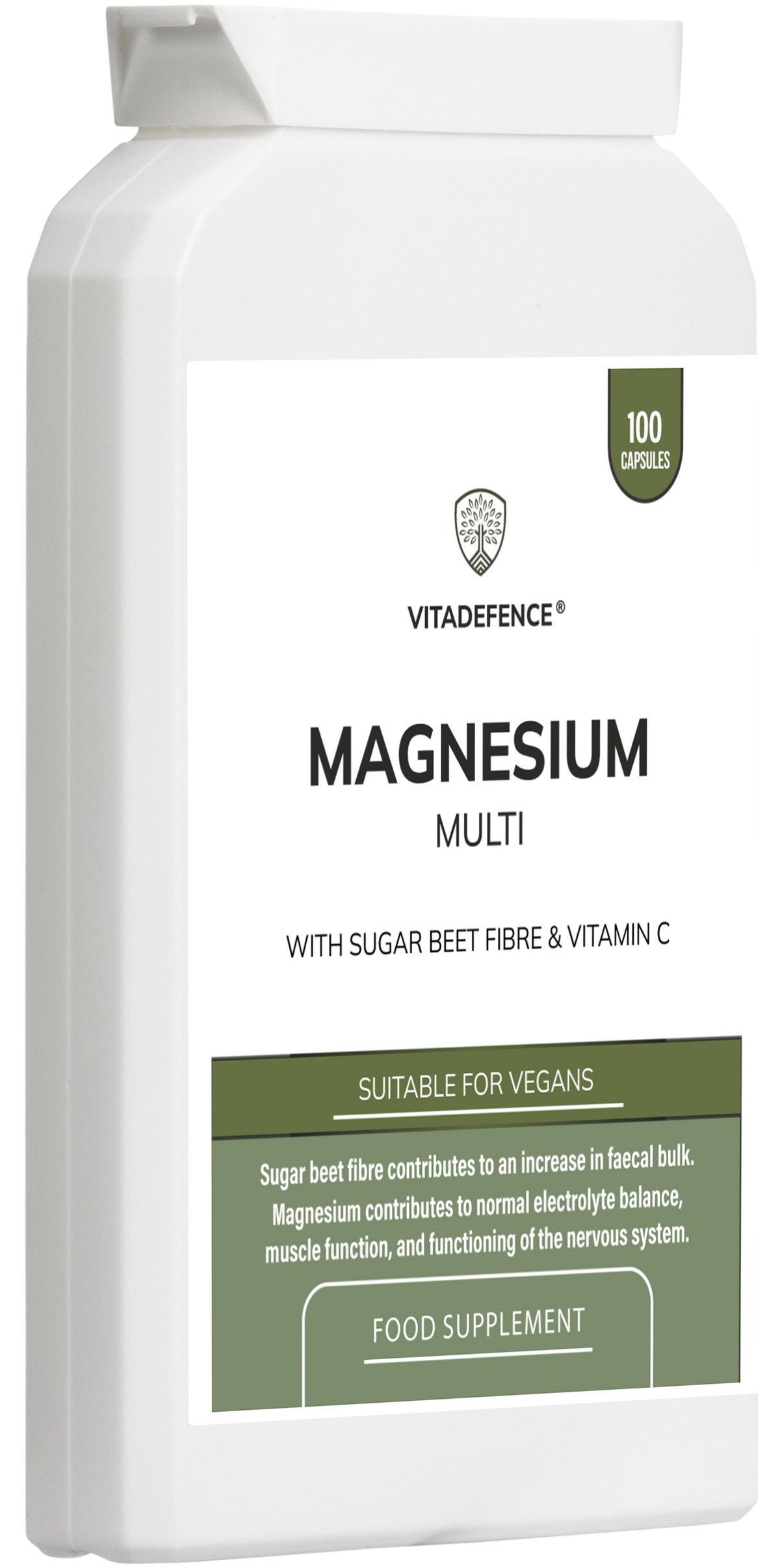 VitaDefence Magnesium Multi vegan food supplement capsules with Vitamin C and sugar beet fiber, shown in a reverse perspective.