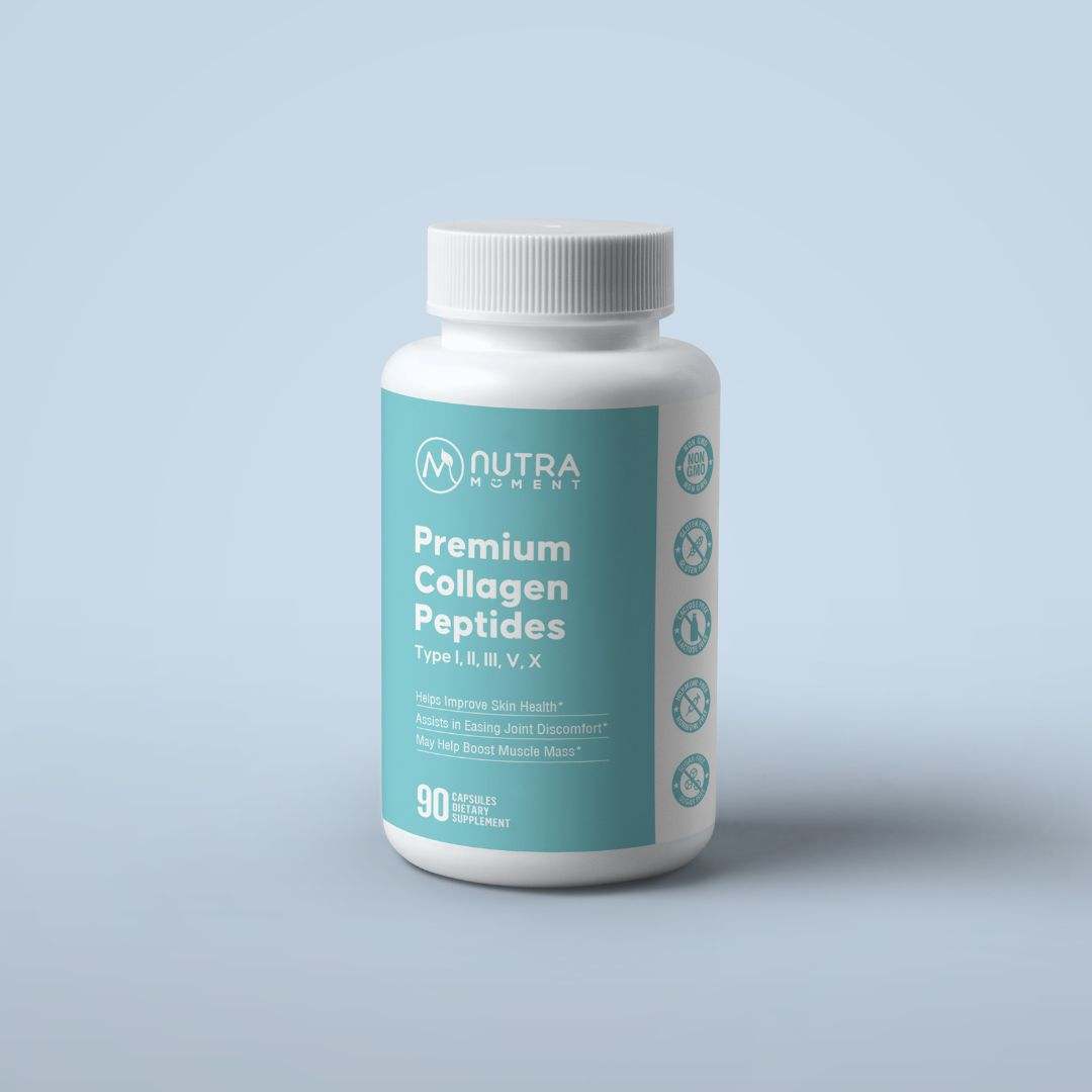 Cream-colored jar of Nutra Moment Premium Collagen Peptides supplement with a scoop and powder visible inside.