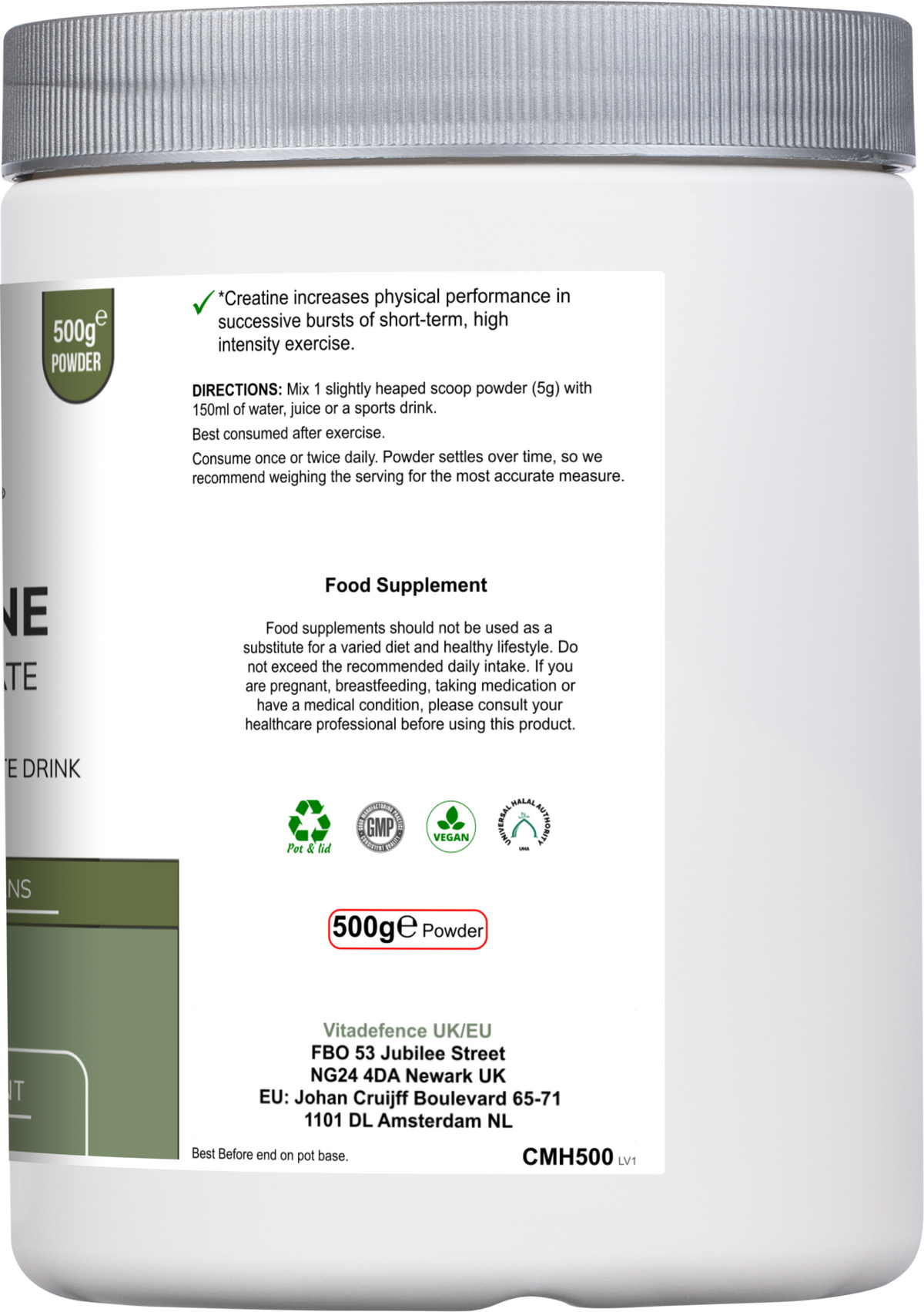 Vitadefence® Creatine Monohydrate powder in a round silver pot, unflavoured, 500g food supplement for muscle support