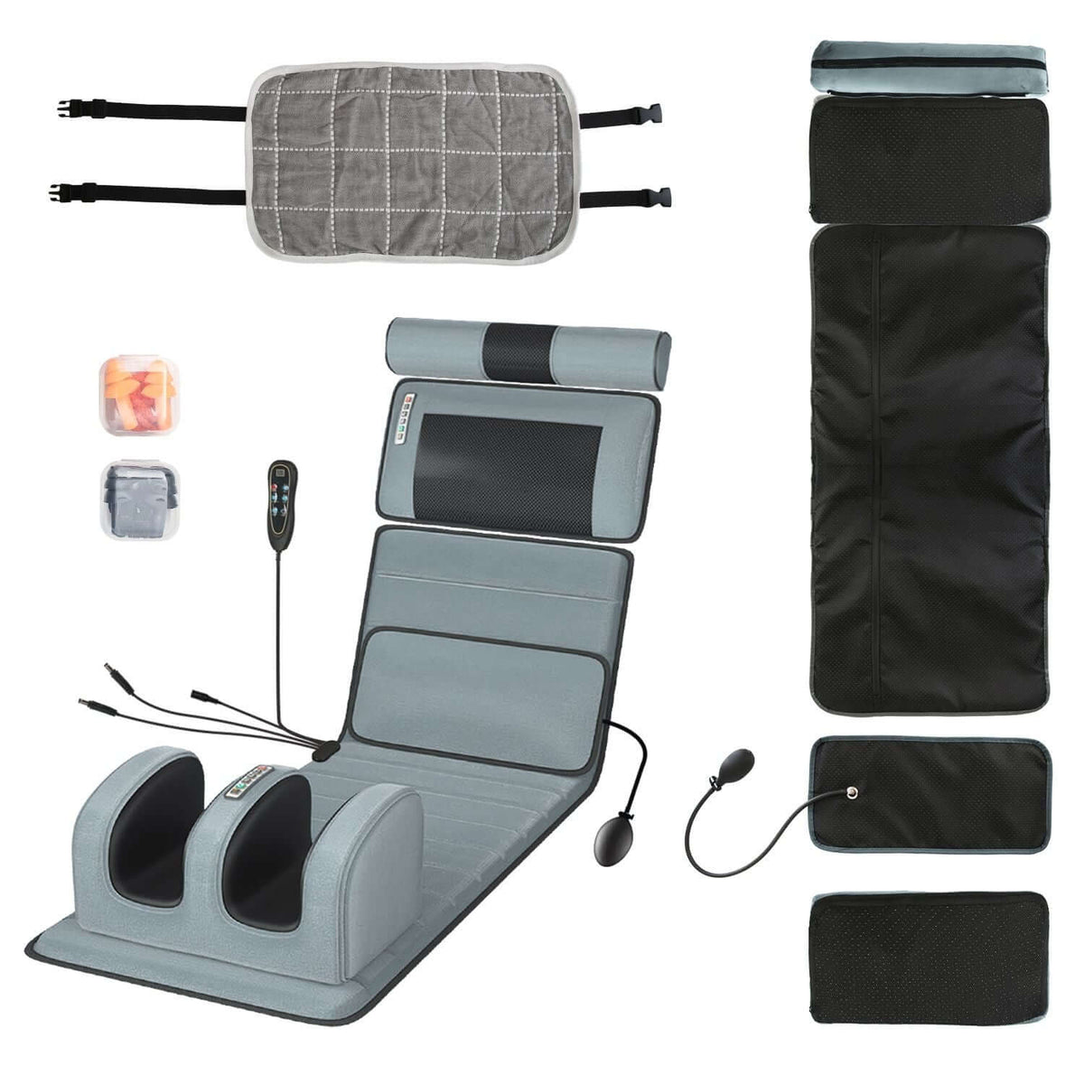Full Body Electric Massage grey multifunctional mat set with detachable neck, foot massagers, inflatable lumbar pillow, head pillow and remote control.