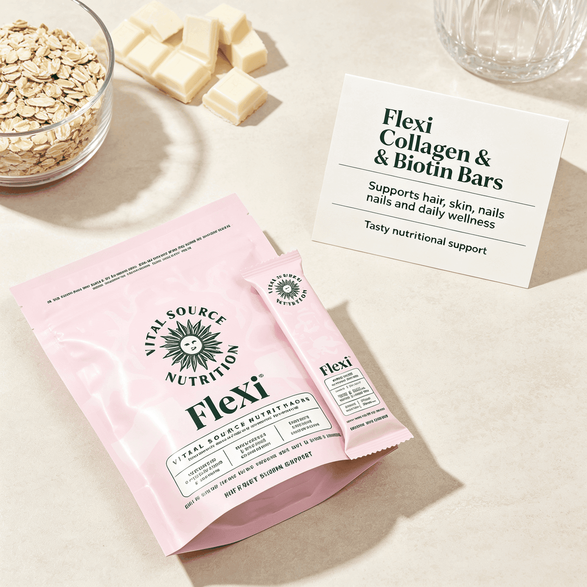 Doba Collagen & Biotin Nutrition Bar showing a close-up of the snack bar with visible nuts and a smooth texture, designed for hair and skin health.