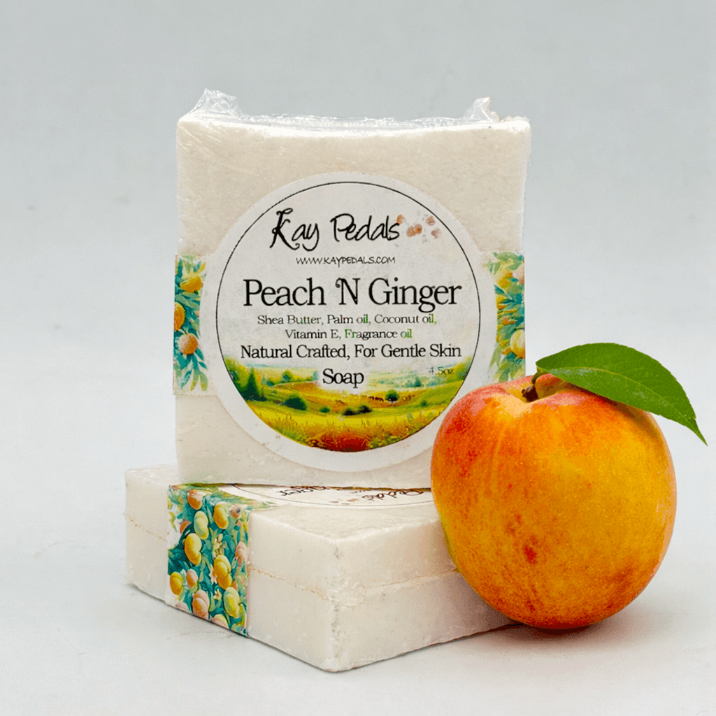 Handcrafted Ginger Peach soap bar by Kay Pedals, featuring a natural blend of ginger and peach scent and a 4.5oz size.