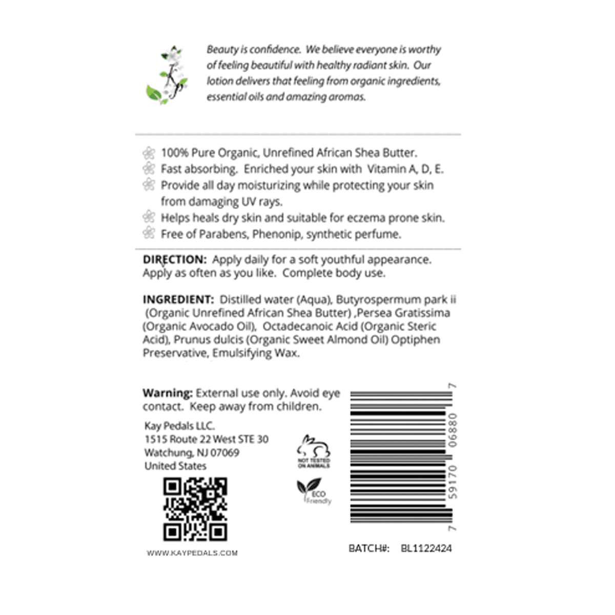 Back view of Kay Pedals unscented natural organic body lotion 12oz bottle showing the label and pump dispenser.