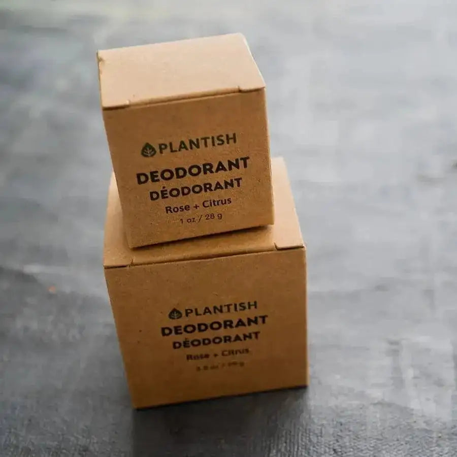 Plantish Zero Waste Deodorant Bar in unscented, natural shape, designed for eco-friendly beauty and bathroom use.