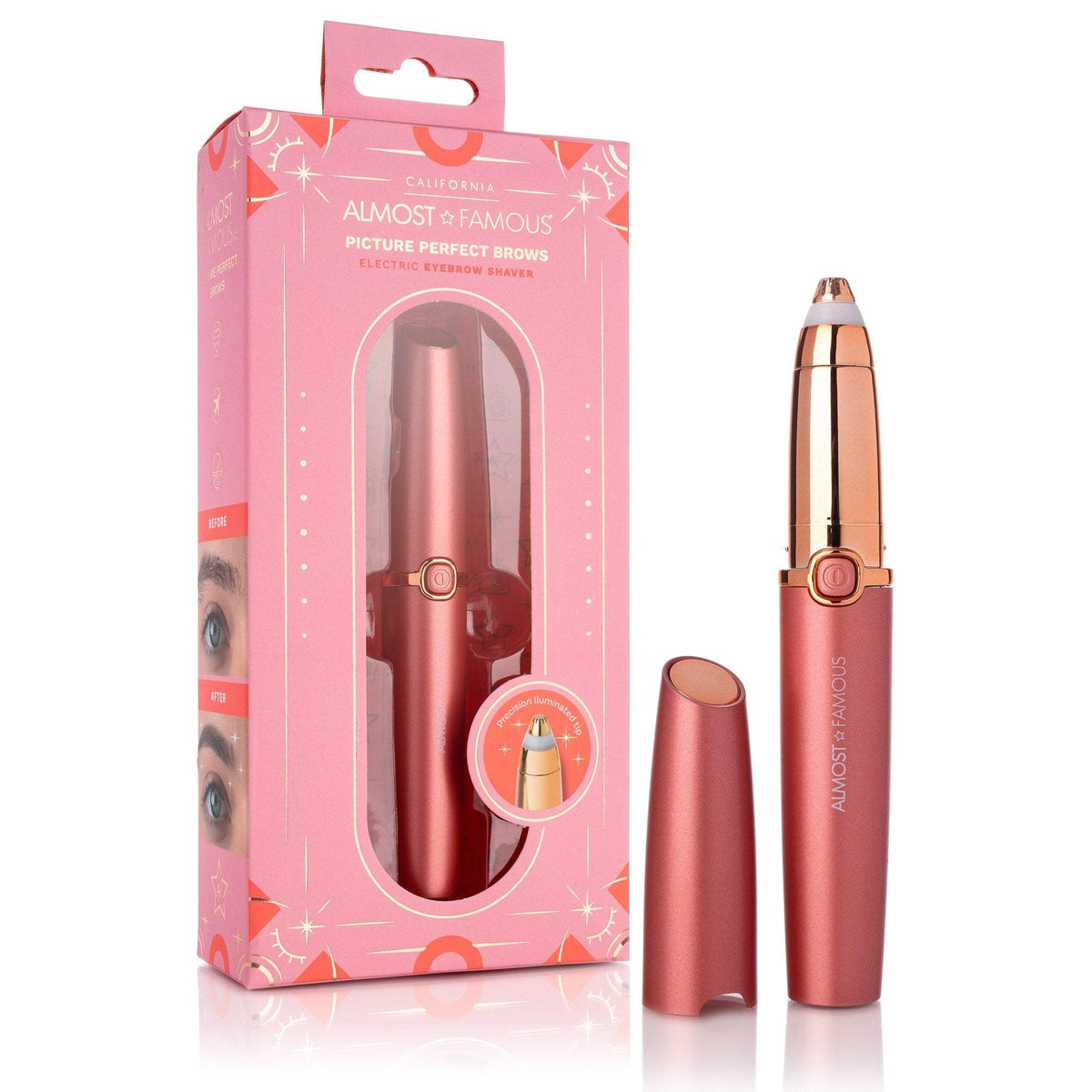 Perfect Brows Eyebrow Trimmer in metallic rose pink with precision tip and rose gold accents, sleek and compact design.
