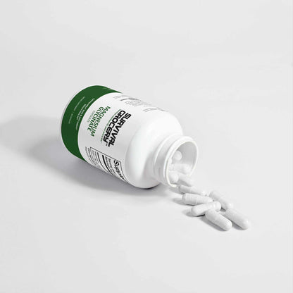 Bottle of Survival Grocery® Magnesium Glycinate vitamin supplement with label showing product details and branding.