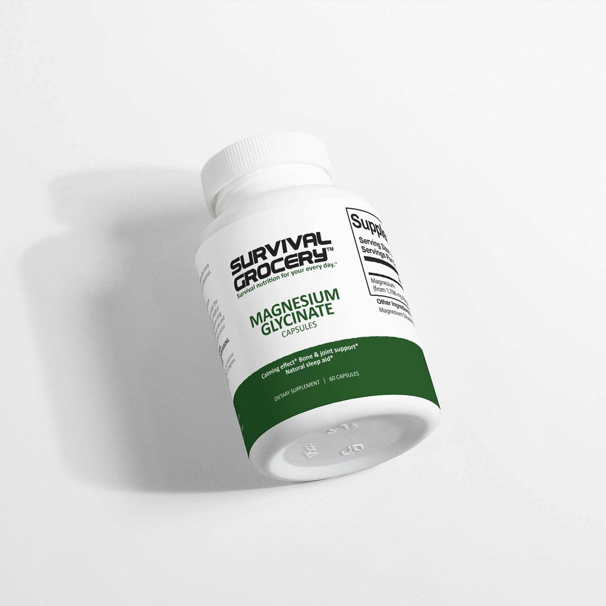 Label of Survival Grocery® Magnesium Glycinate vitamin supplement showing product name and ingredient details.