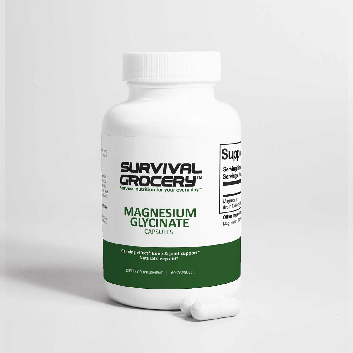 Bottle of Survival Grocery® Magnesium Glycinate vitamins and minerals supplement with a label showing product details.