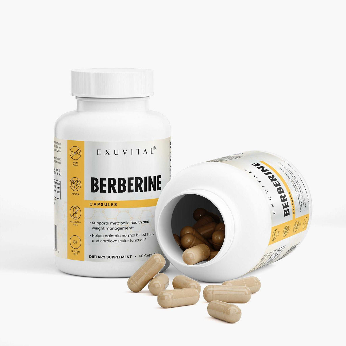 Exuvital Berberine supplement label for weight management, showing product name and packaging details.