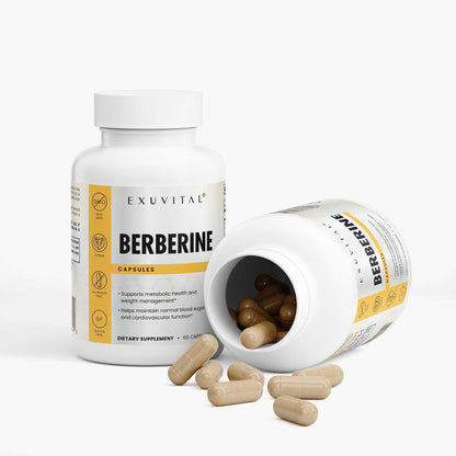 Exuvital Berberine supplement label for weight management, showing product name and packaging details.