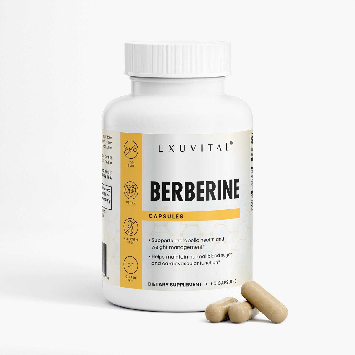 Exuvital Berberine supplement bottle for weight management with label showing product details and branding.