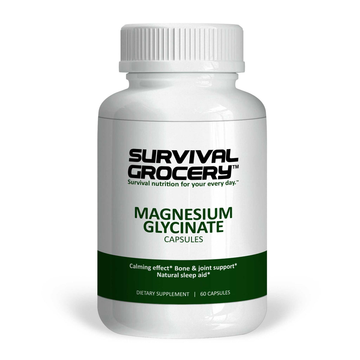 Bottle of Survival Grocery® Magnesium Glycinate capsules, vitamins and minerals supplement in a clear container with a white label.