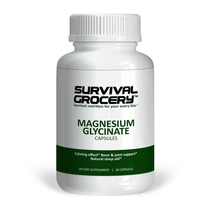 Bottle of Survival Grocery® Magnesium Glycinate capsules, vitamins and minerals supplement in a clear container with a white label.