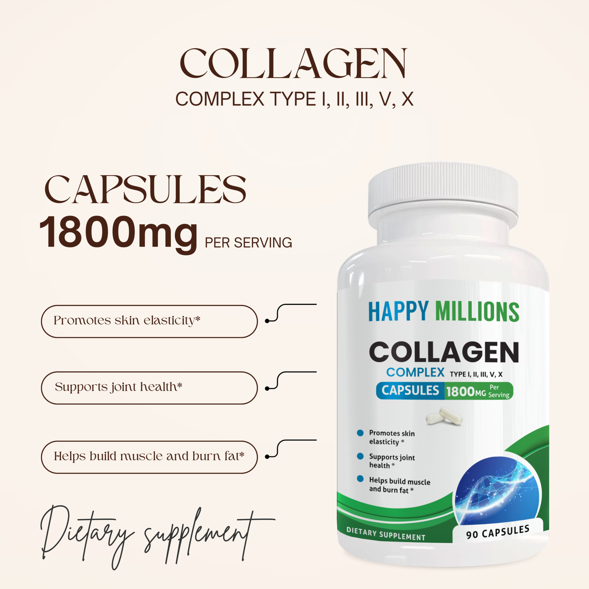Bottle of Happy Millions Ashwagandha with Black Pepper and Collagen Complex supplement showing the label and capsules inside.