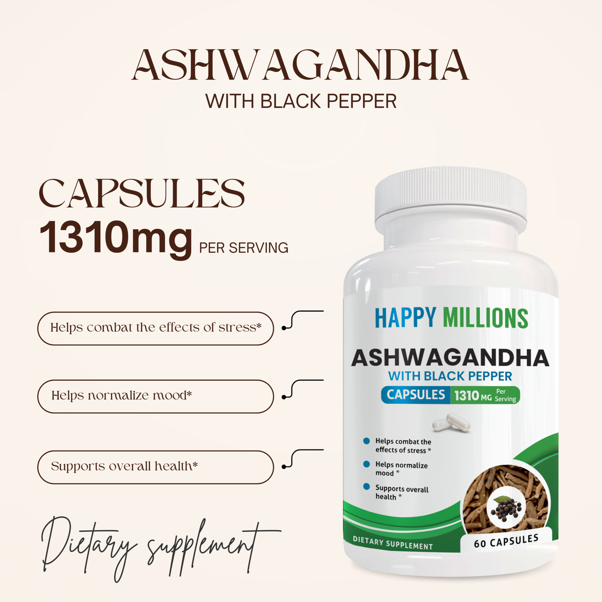Organic ashwagandha with black pepper and collagen complex supplement by Happy Millions, showing capsules in a clear container.
