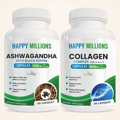 Ashwagandha supplement with black pepper and collagen complex, featuring green powder capsules in a glass jar.