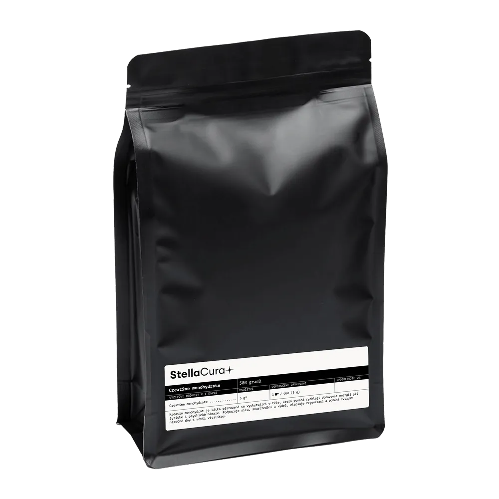 StellaCura Kreatin monohydrát 500 g container for sports recovery, showing the product label and packaging.