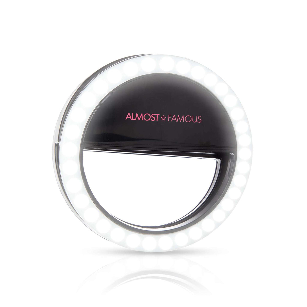 Spotlight Selfie Light in black plastic with circular LED ring and clip-on design for smartphone lighting enhancement.