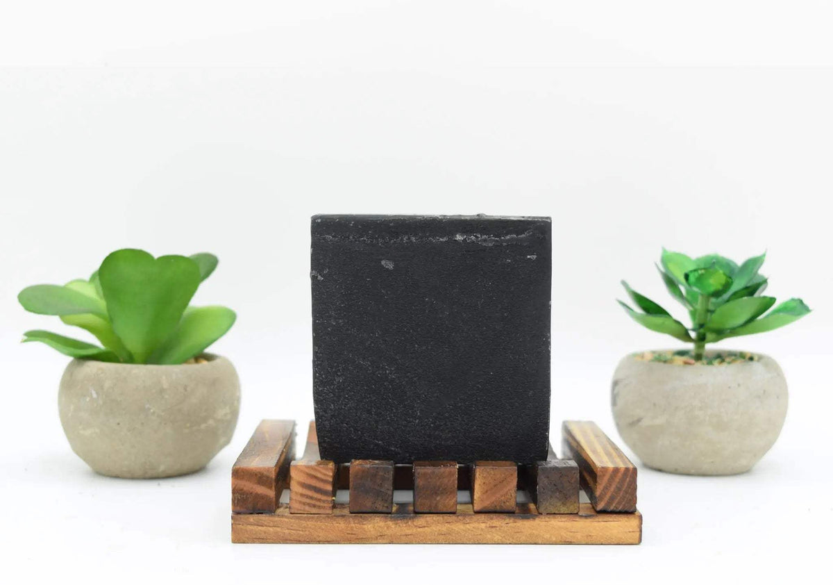 Activated Charcoal black bar soap with a smooth texture on a wooden soap holder flanked by two small green potted plants.