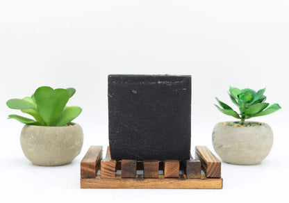 Activated Charcoal black bar soap with a smooth texture on a wooden soap holder flanked by two small green potted plants.