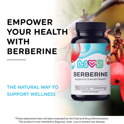 LIVS Berberine capsules in a bottle, showing the supplement capsules for blood sugar support and overall health.
