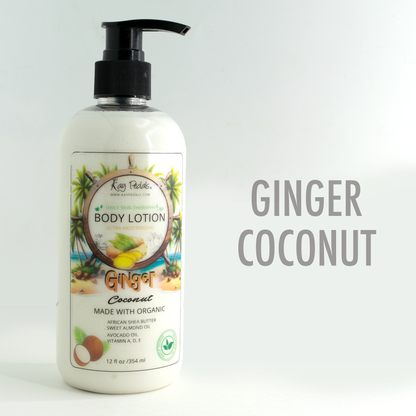12oz white plastic bottle of Ginger Coconut Body Lotion with black pump, tropical label featuring coconuts and ginger roots.