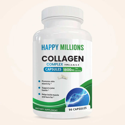 Bottle of Happy Millions Collagen Complex supplement showing the label on the product container.