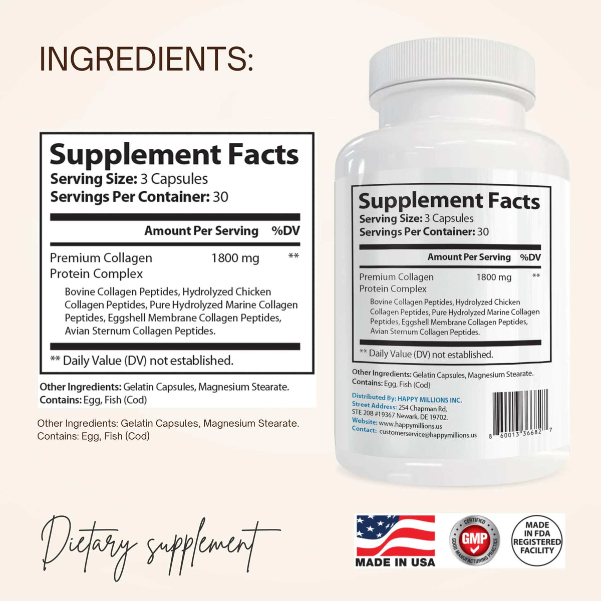 Bottle of Happy Millions Collagen Complex supplement with a label showing collagen ingredients and branding on a white background.