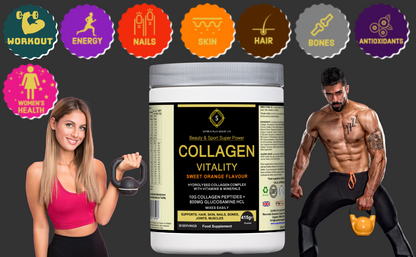 Cream-colored collagen vitality protein shake in a glass with a spoon, showcasing the SUPER B PLUS GROUP LTD supplement.