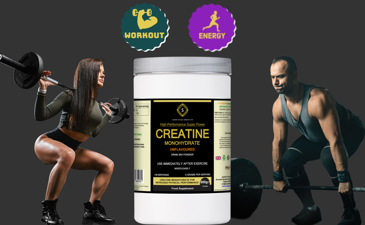 Cream-colored creatine monohydrate powder in a clear container, labeled for meal shakes from SUPER B PLUS GROUP LTD.