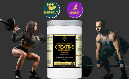 Cream-colored creatine monohydrate powder in a clear container, labeled for meal shakes from SUPER B PLUS GROUP LTD.