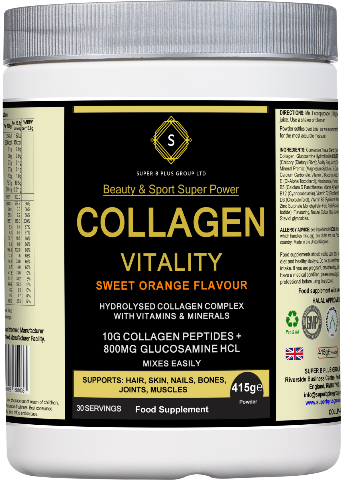 Silver-front view of SUPER B PLUS GROUP LTD Collagen Vitality protein shake bottle with label and branding.
