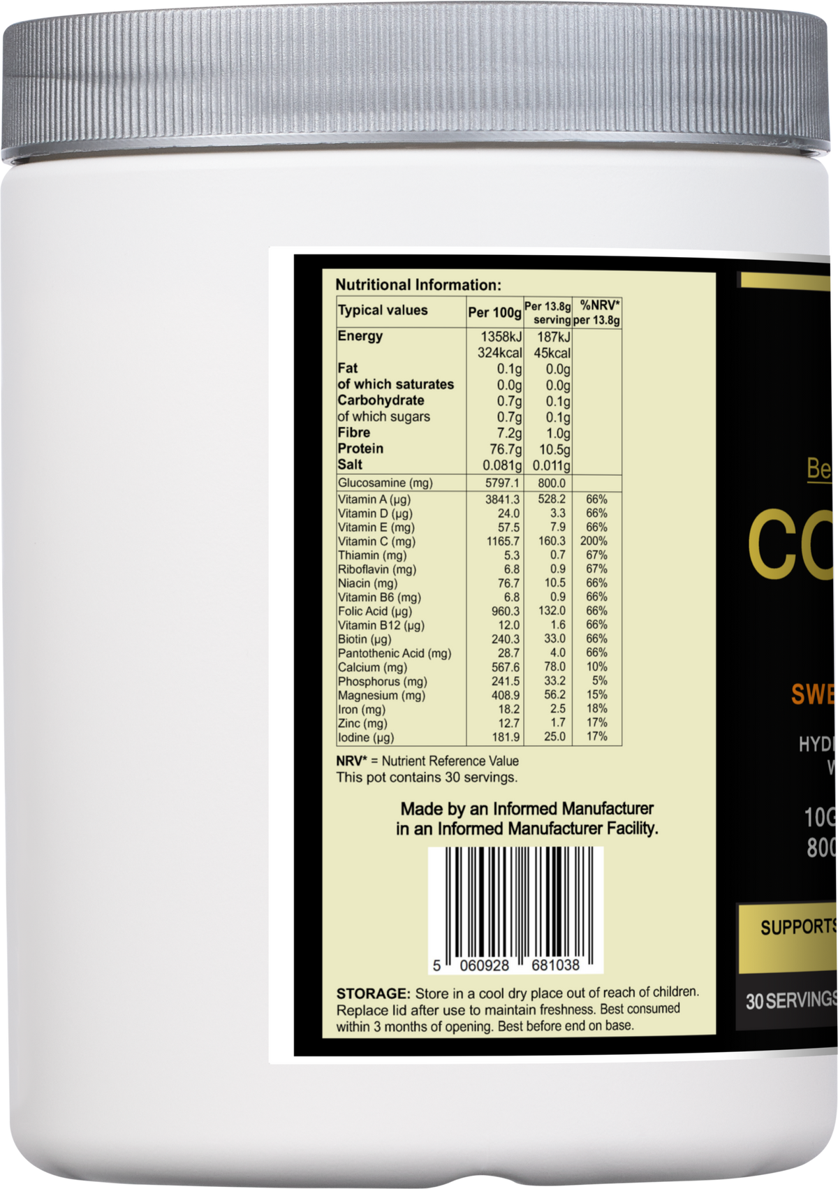 Side view of a Collagen Vitality protein shake by SUPER B PLUS GROUP LTD, showing the silver bottle design and label.