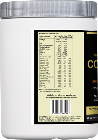 Side view of a Collagen Vitality protein shake by SUPER B PLUS GROUP LTD, showing the silver bottle design and label.