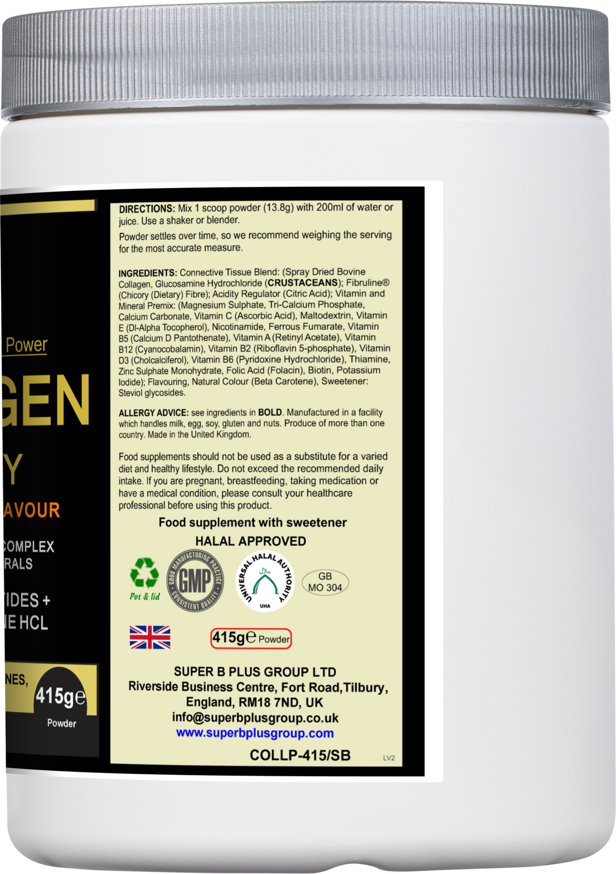 Silver bottle of SUPER B PLUS GROUP LTD Collagen Vitality Protein Shake, nourishing collagen supplement in sleek packaging