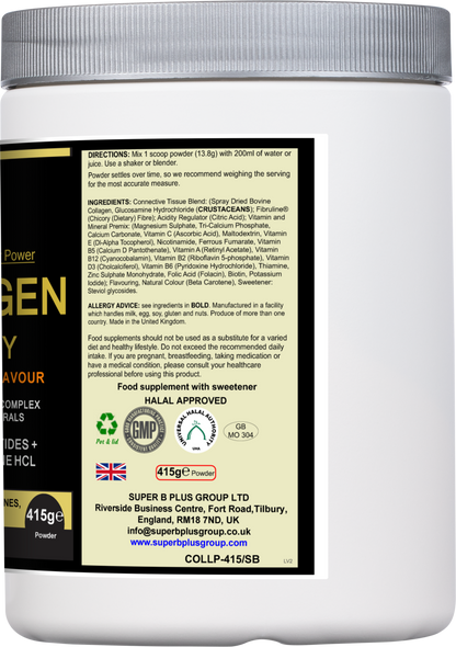 Silver bottle of SUPER B PLUS GROUP LTD Collagen Vitality Protein Shake, nourishing collagen supplement in sleek packaging