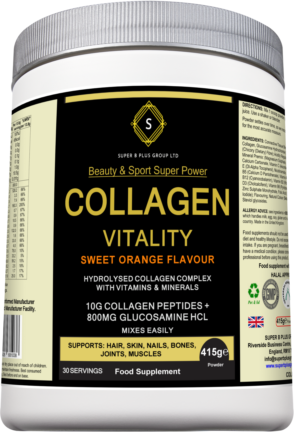 Silver protein shake container labeled Collagen Vitality by SUPER B PLUS GROUP LTD, promoting collagen health and wellness.