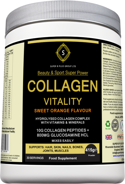 Silver protein shake container labeled Collagen Vitality by SUPER B PLUS GROUP LTD, promoting collagen health and wellness.