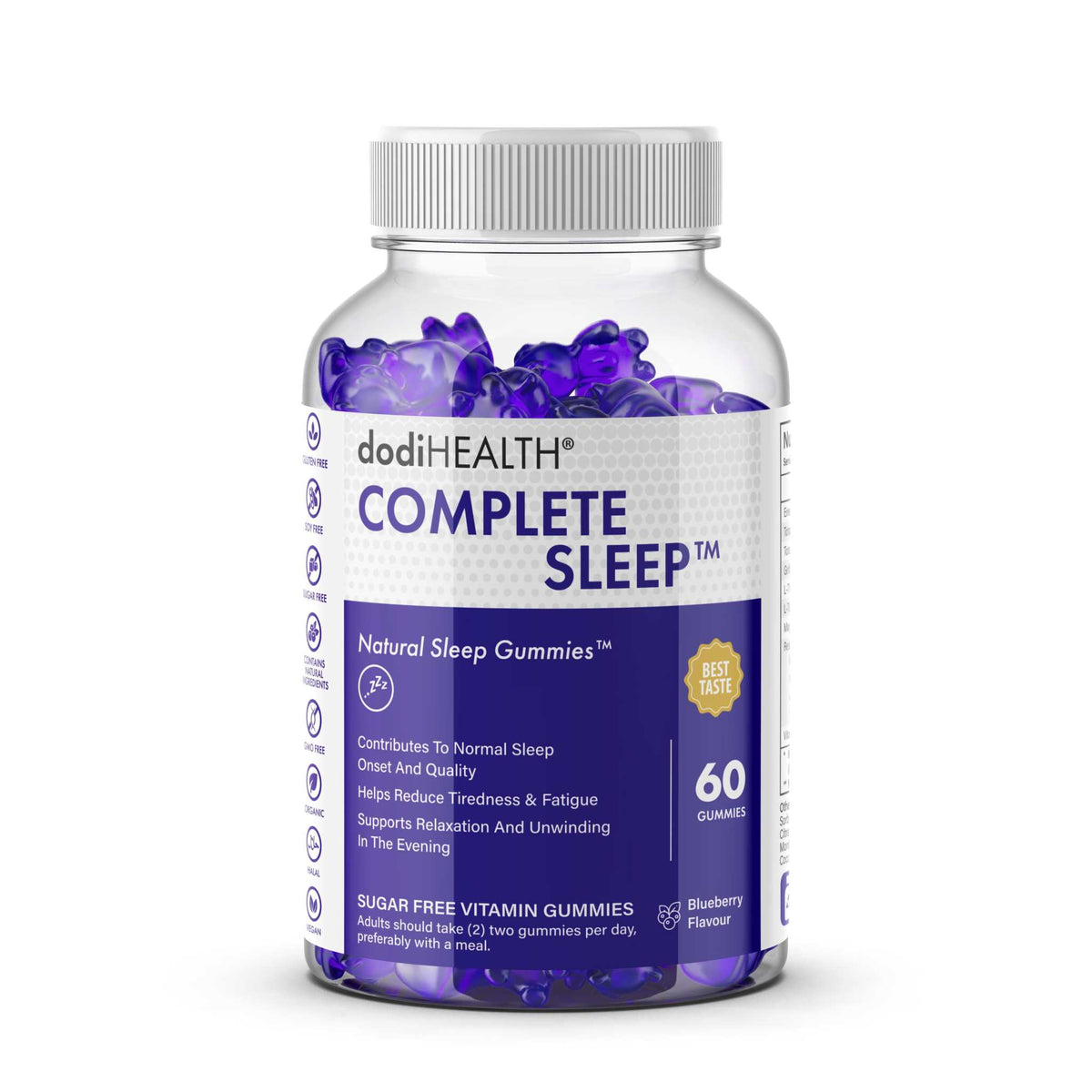 Dodihealth Complete Sleep Gummies with magnesium and valerian root, sugar-free dietary supplement for restful sleep.