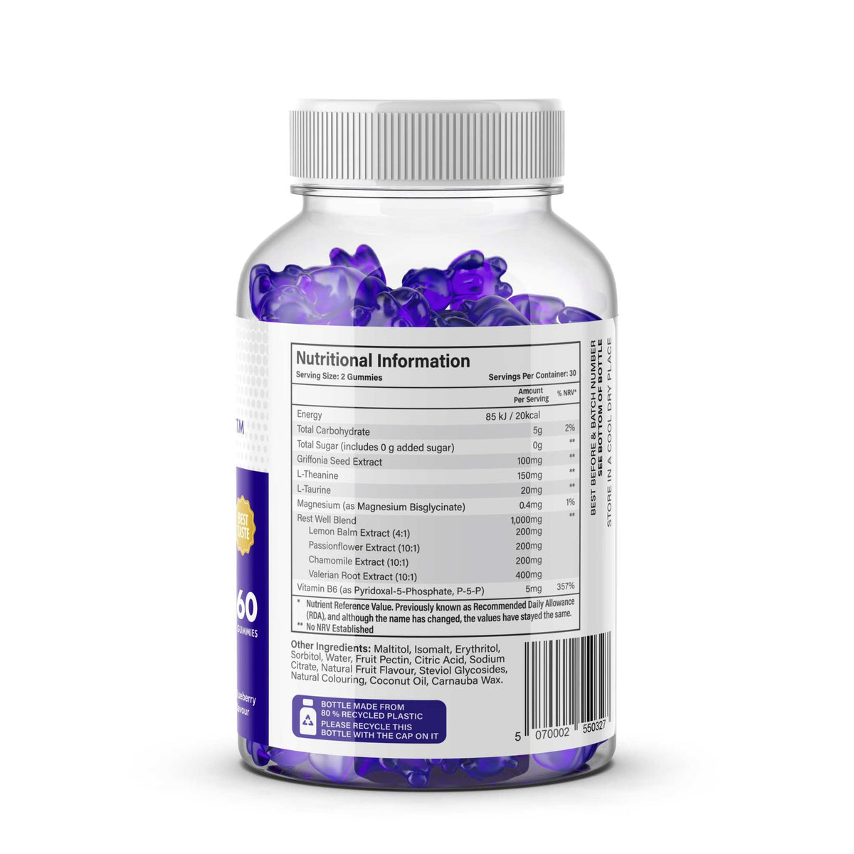 Dodihealth Complete Sleep Gummies with magnesium and valerian root, showing the sugar-free gummies in a clear container.