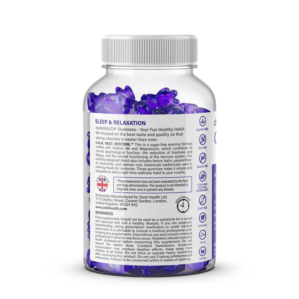 Dodihealth Complete Sleep Gummies with magnesium and valerian root, sugar-free, designed to promote restful sleep in the UK.