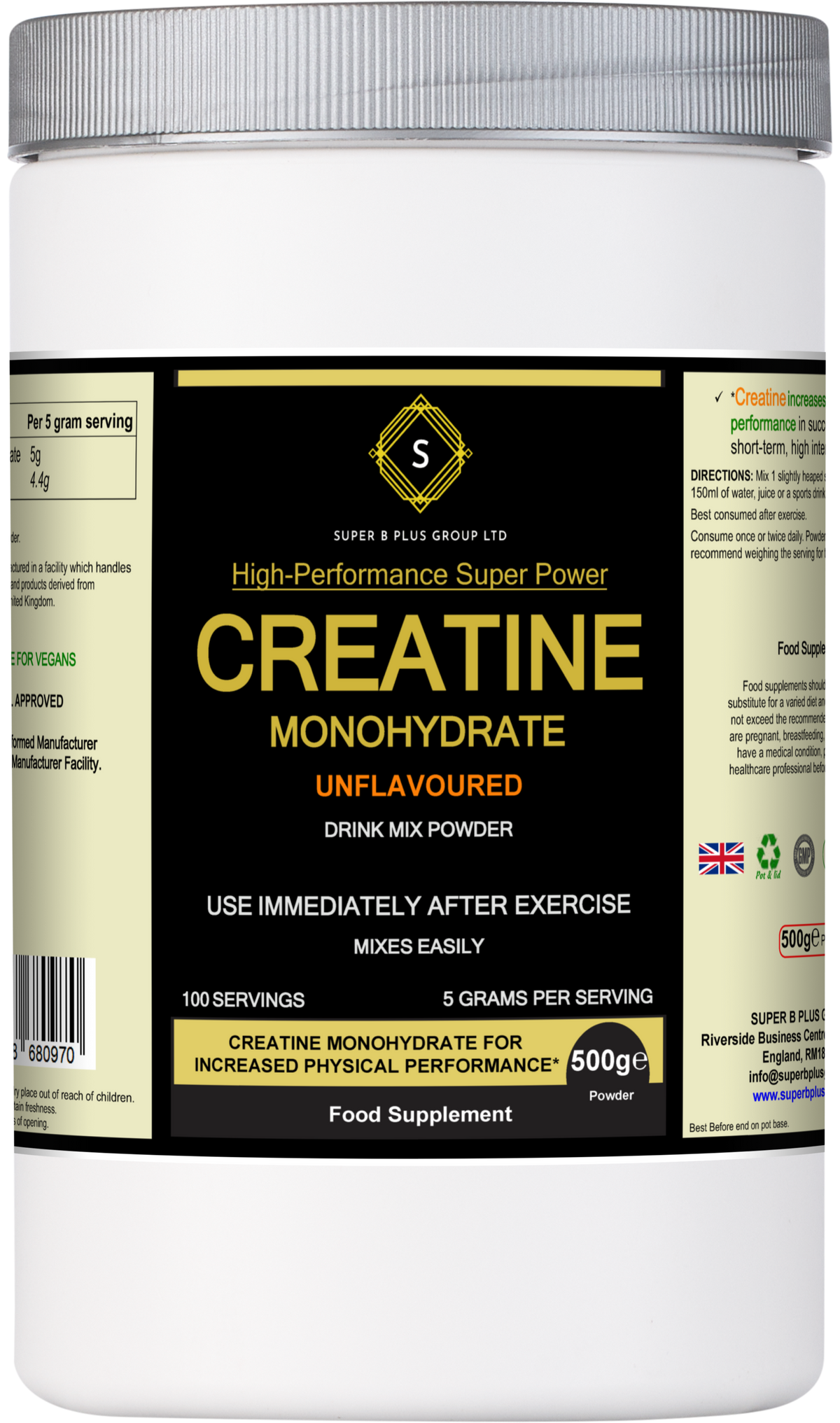Front view of SUPER B PLUS GROUP LTD Creatine Monohydrate Meal Shake container with label and product details.