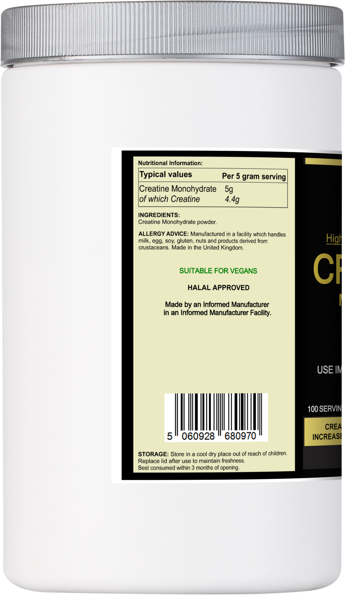 Side view of a Super B Plus Group Ltd Creatine Monohydrate Meal Shake container with label visible.
