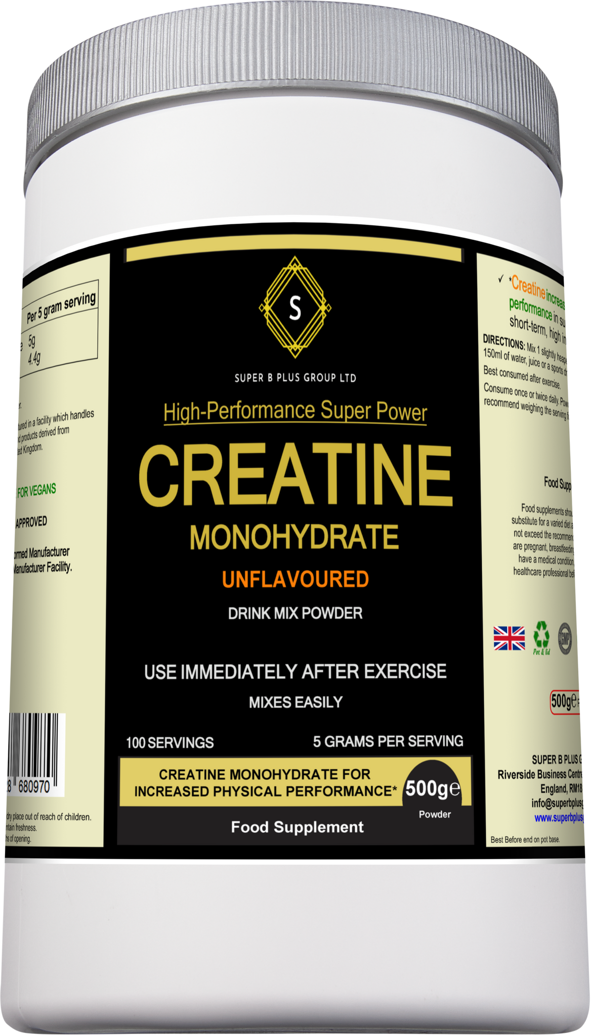 Creatine Monohydrate supplement in a meal shake container from SUPER B PLUS GROUP LTD, showing the product label and packaging.