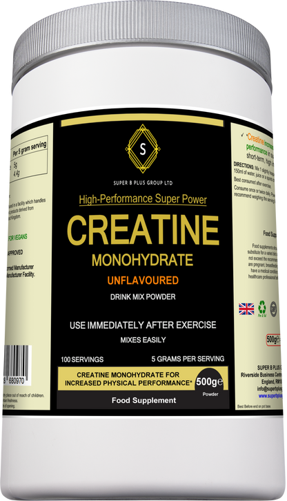 Creatine Monohydrate supplement in a meal shake container from SUPER B PLUS GROUP LTD, showing the product label and packaging.