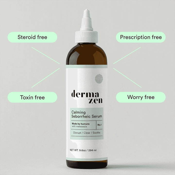 Topical Calming Seborrheic Serum by Dermazen showing a clear bottle with dropper for dandruff and scalp relief.