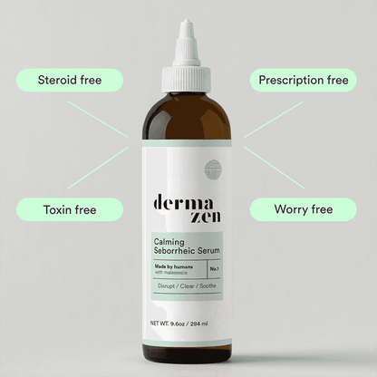 Topical Calming Seborrheic Serum by Dermazen showing a clear bottle with dropper for dandruff and scalp relief.