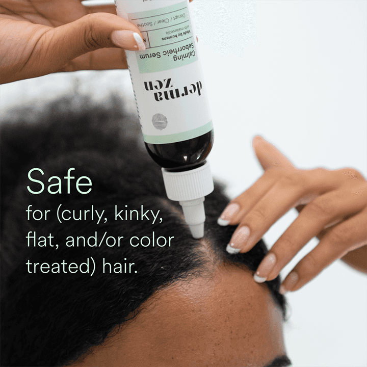 Topical Calming Seborrheic Serum by Dermazen showing a clear dropper bottle and soothing packaging for dandruff relief.